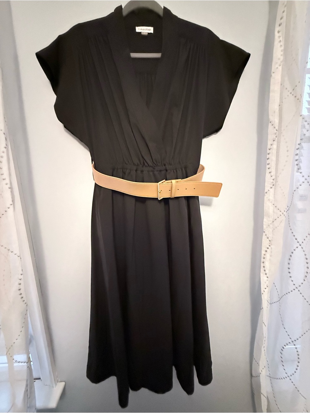 Calvin Klein Black Wrap V Neck Midi Dress Size 10 Belted
